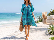 Boho Kaftan Dress: Dark Blue Hand Tie-Dye, Lightweight Rayon - Summer Beach Cover-Up