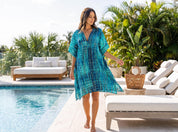 Boho Kaftan Dress: Dark Blue Hand Tie-Dye, Lightweight Rayon - Summer Beach Cover-Up