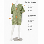 a mannequin wearing a green and white striped dress, with measurements and descriptions of the dress's dimensions and features.