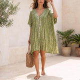 Boho Kaftan Dress: Sage Green Hand Tie-Dye, Lightweight Rayon - Summer Beach Cover-Up
