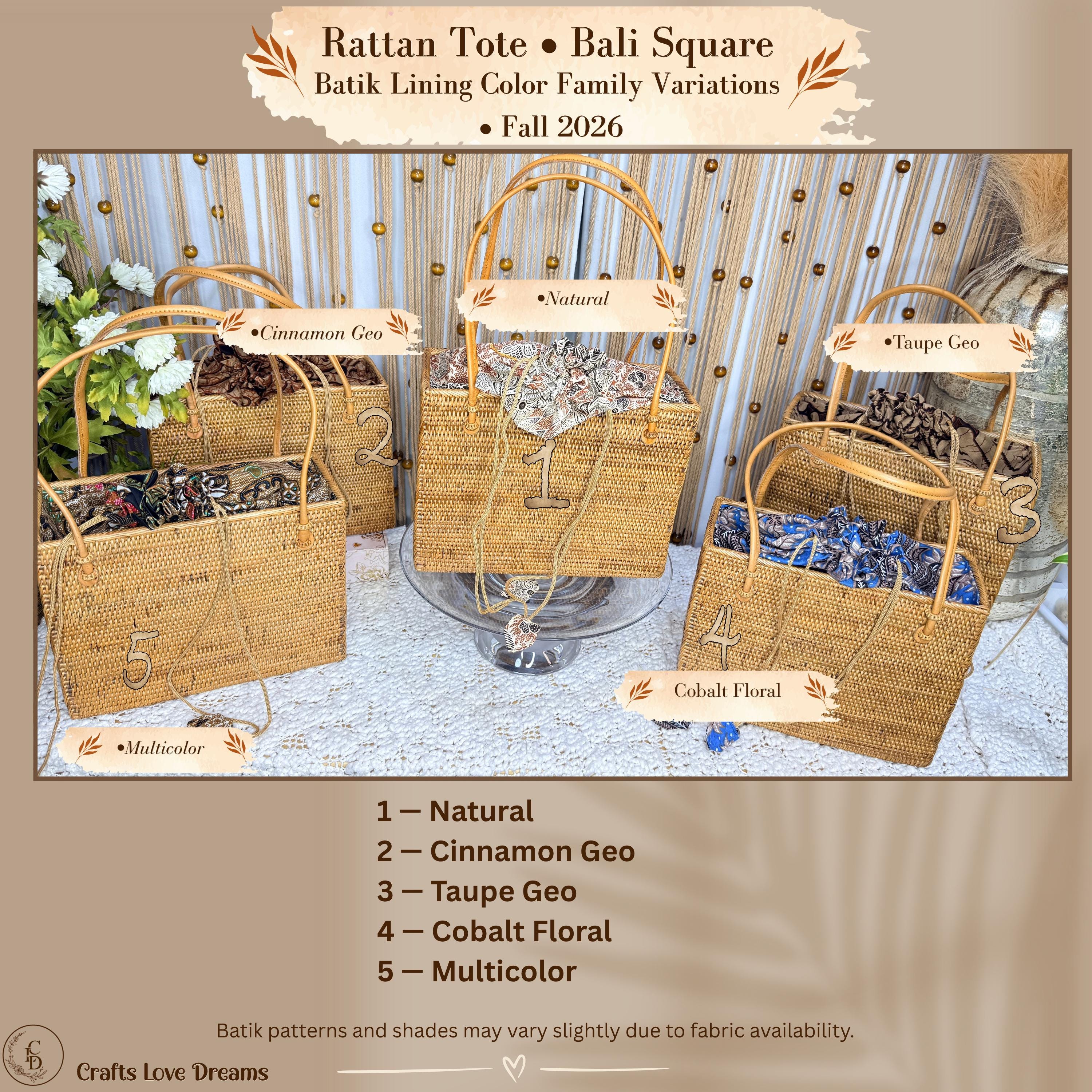 Batik lining color chart for the rattan square tote: Natural, Cinnamon Geo, Taupe Geo, Cobalt Floral and Multicolor