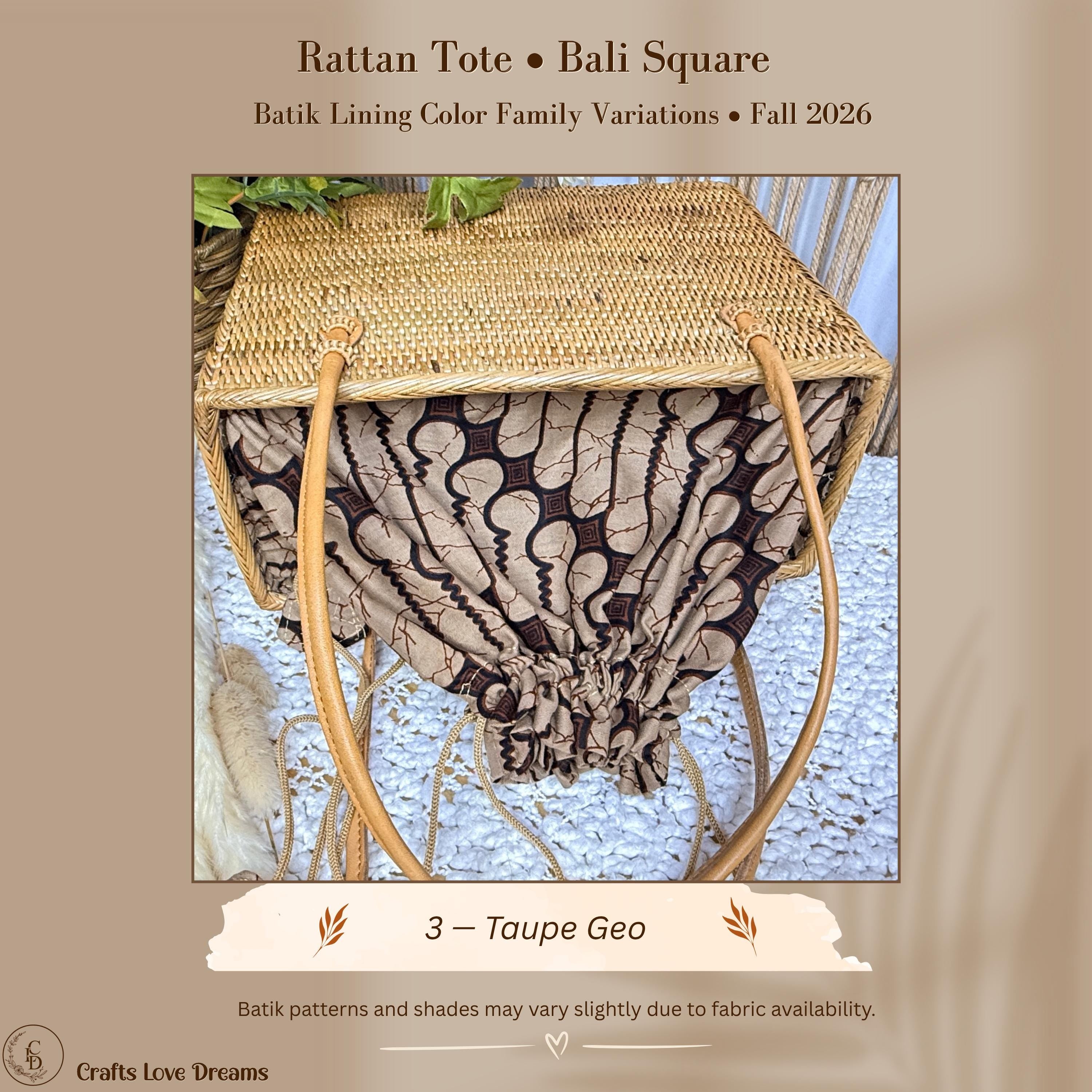 Taupe Geo batik lining color card for the handwoven rattan square tote from Crafts Love Dreams