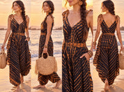 A collage of four images featuring a woman in a black and orange tie-dye jumpsuit, holding a woven straw bag and walking on a beach at sunset.