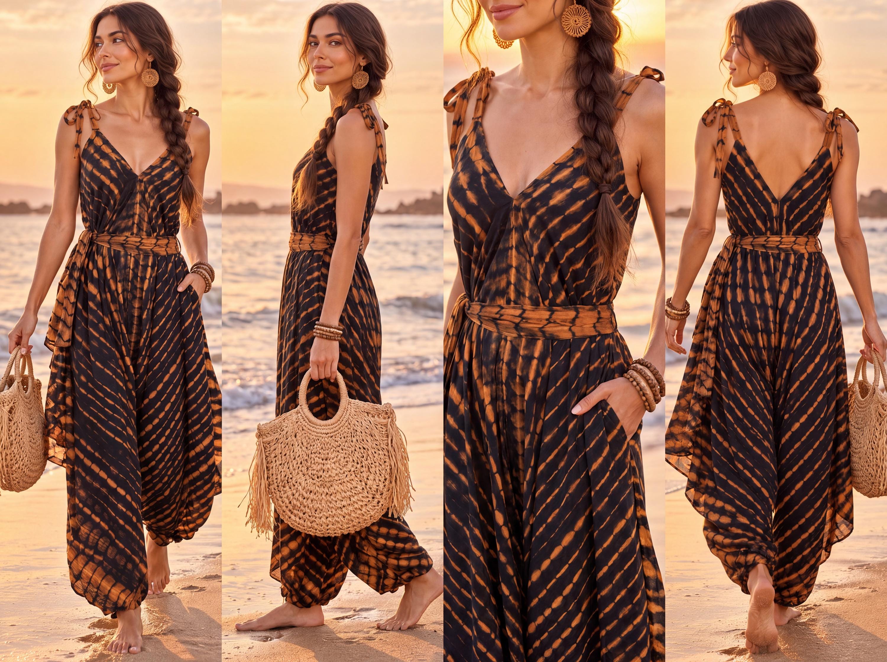 A collage of four images featuring a woman in a black and orange tie-dye jumpsuit, holding a woven straw bag and walking on a beach at sunset.