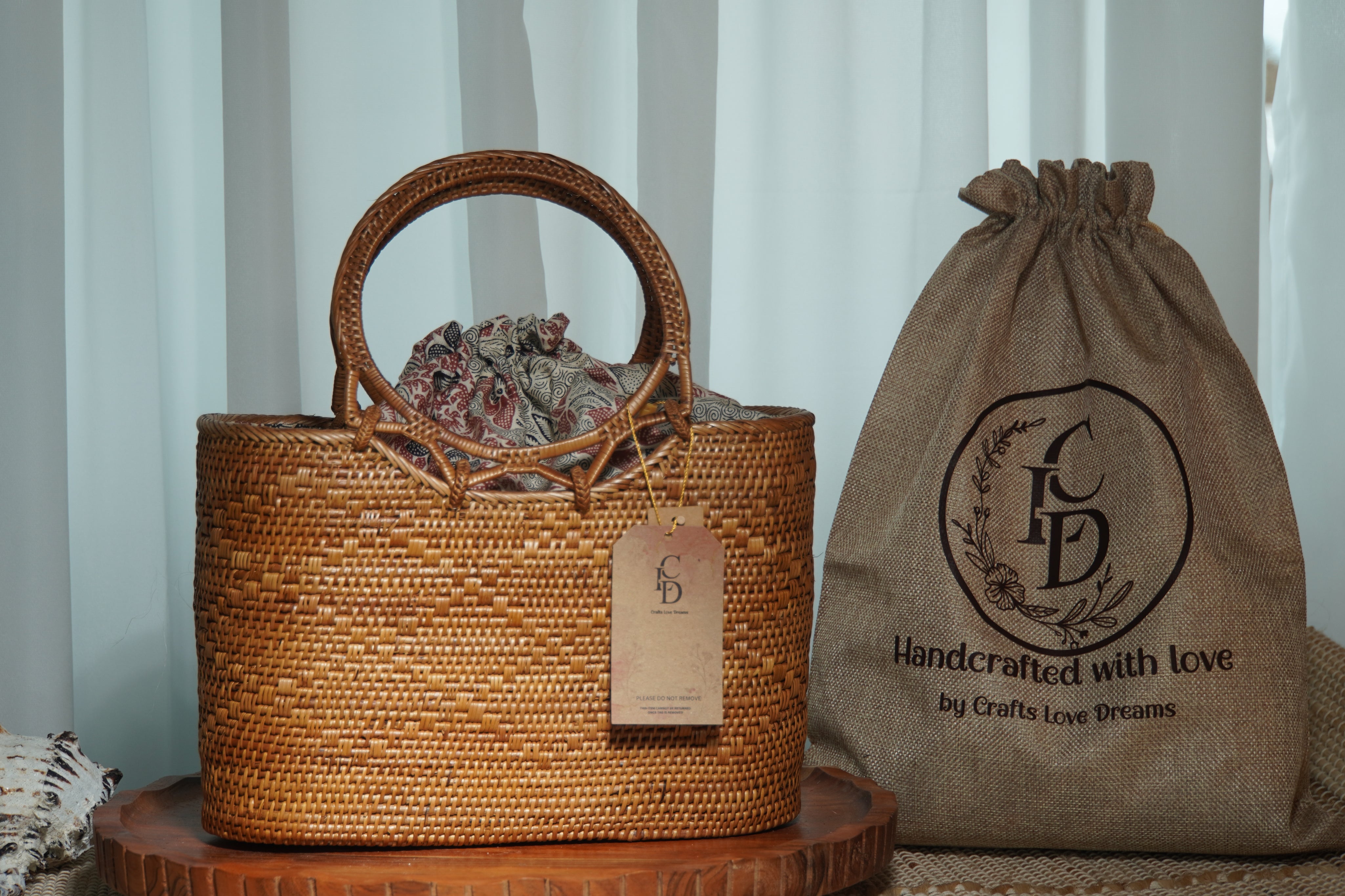 Natural Rattan Tote Bag - Spacious Handwoven Bali Design