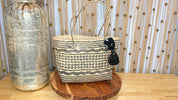 Natural Woven Tote Bag with Black Pattern | Handwoven Bali Straw Basket Bag with Handles | Boho Beach Market Tote