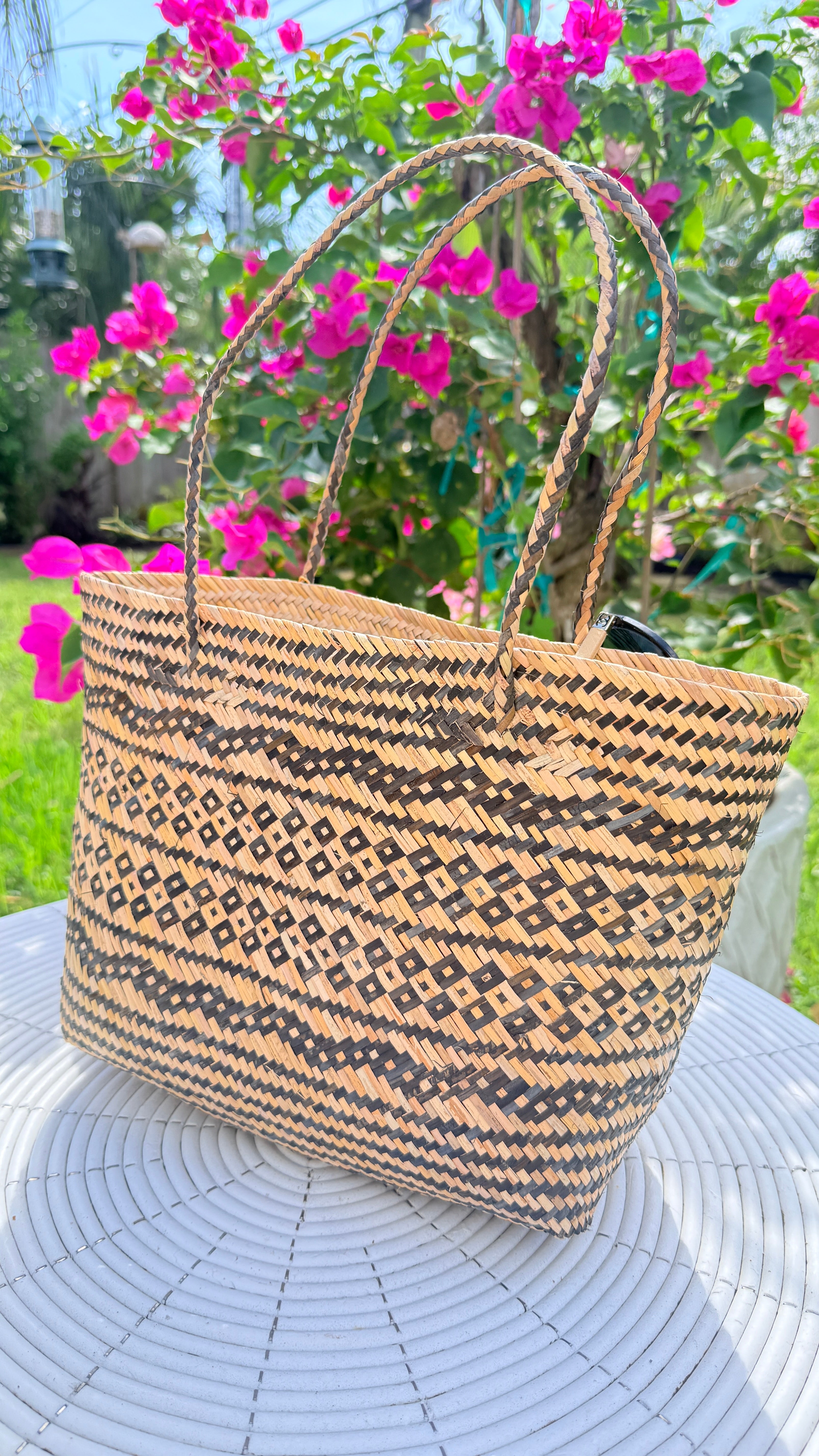 Natural Woven Tote Bag with Black Pattern | Handwoven Bali Straw Basket Bag with Handles | Boho Beach Market Tote