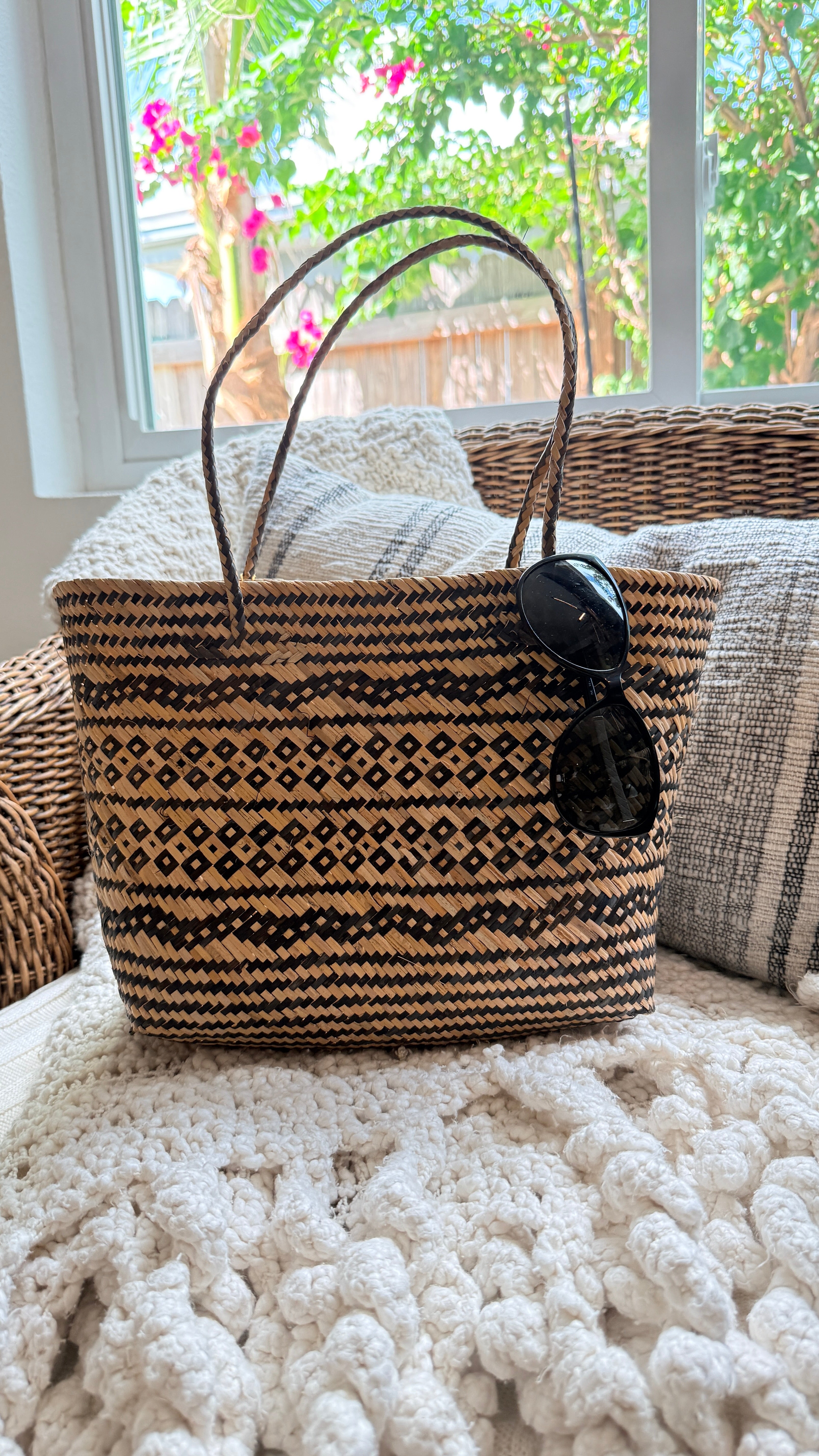 Natural Woven Tote Bag with Black Pattern | Handwoven Bali Straw Basket Bag with Handles | Boho Beach Market Tote