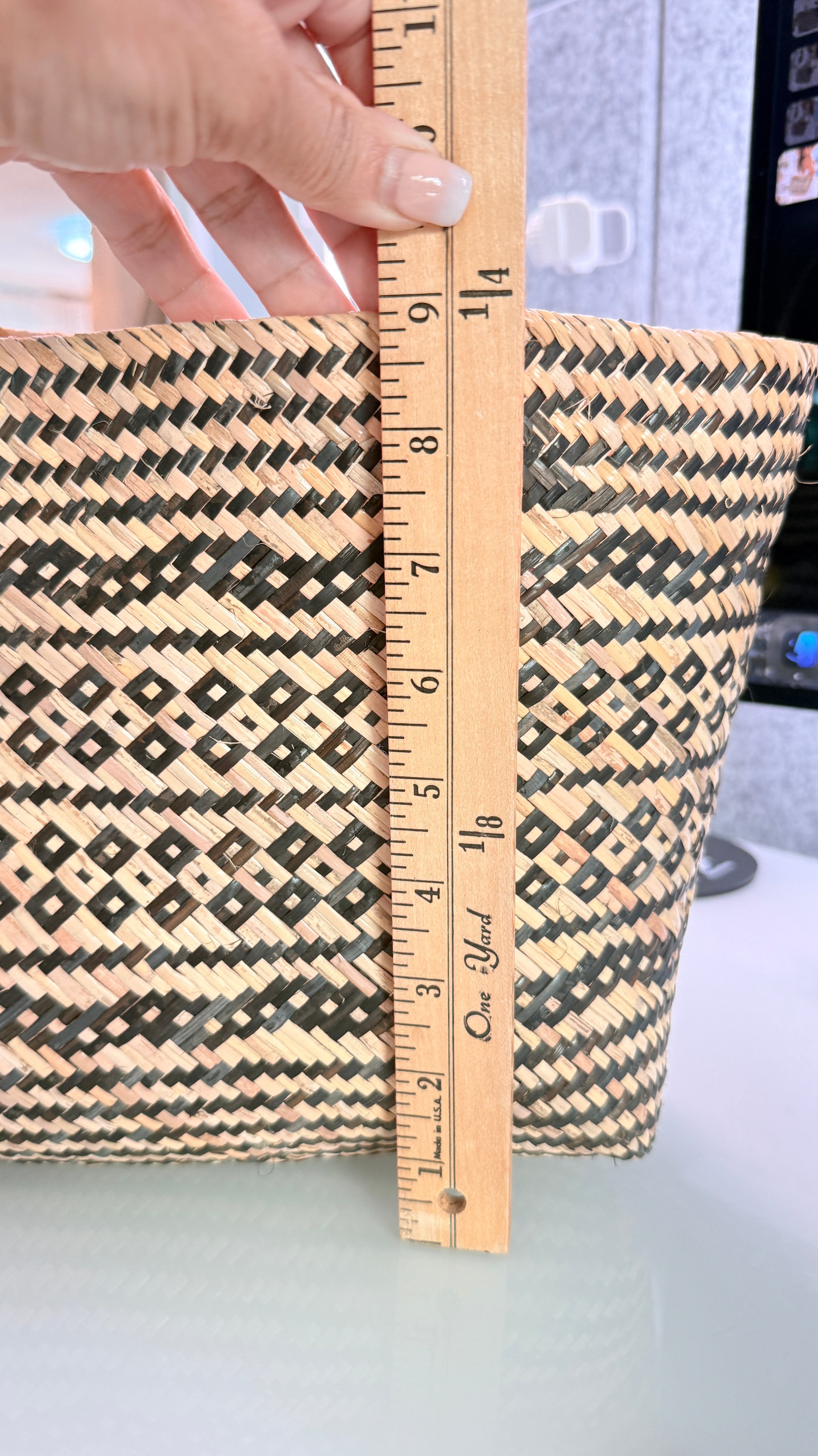Natural Woven Tote Bag with Black Pattern | Handwoven Bali Straw Basket Bag with Handles | Boho Beach Market Tote