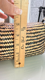 Natural Woven Tote Bag with Black Pattern | Handwoven Bali Straw Basket Bag with Handles | Boho Beach Market Tote