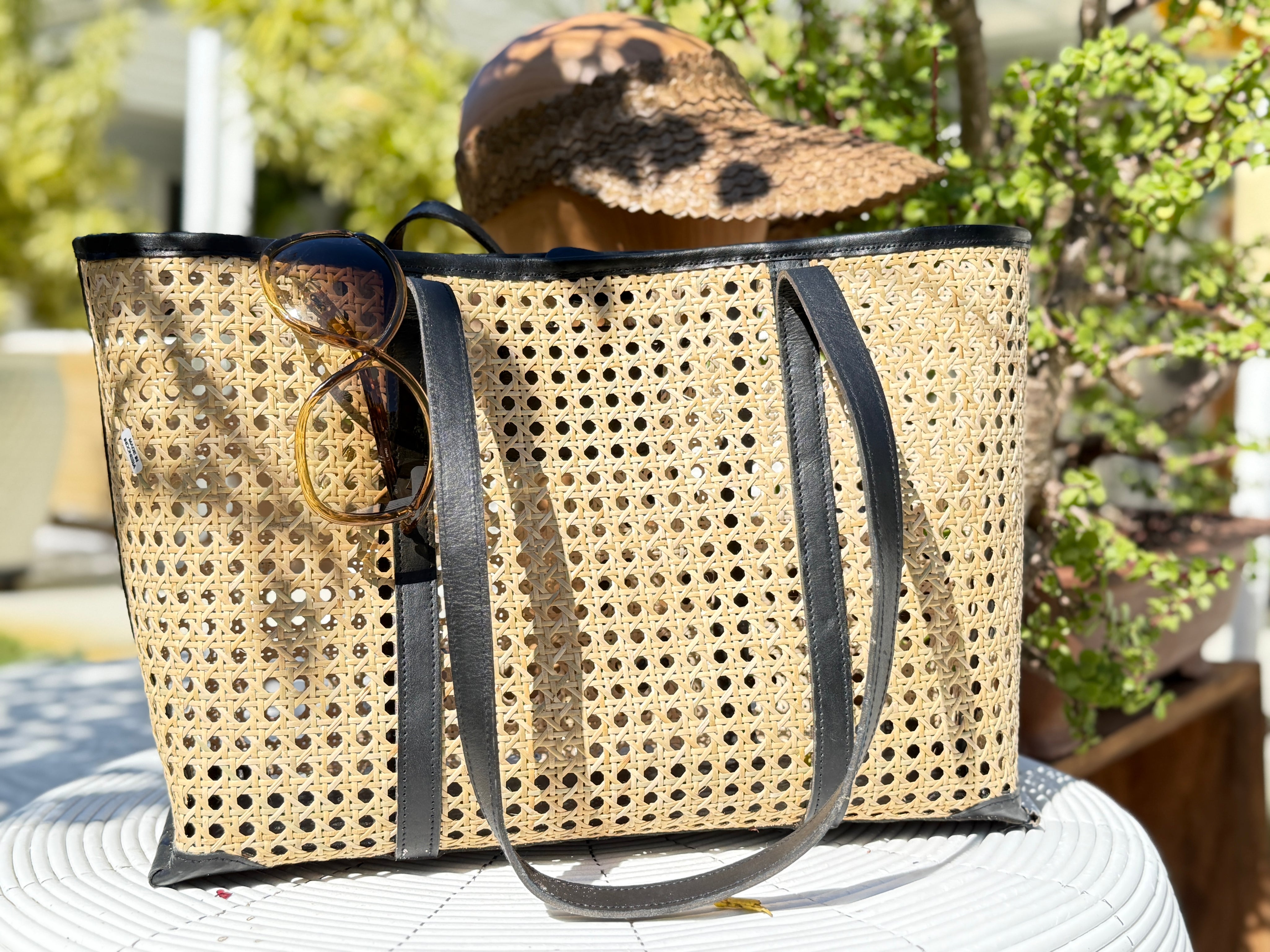Zannia Tote Bag: Natural Cane Webbing and Leather (Summer Style)