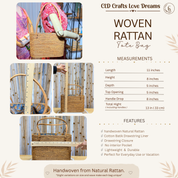 Bohemian Rattan Tote Bag, Handwoven Natural Bali Style (Leather Strap)