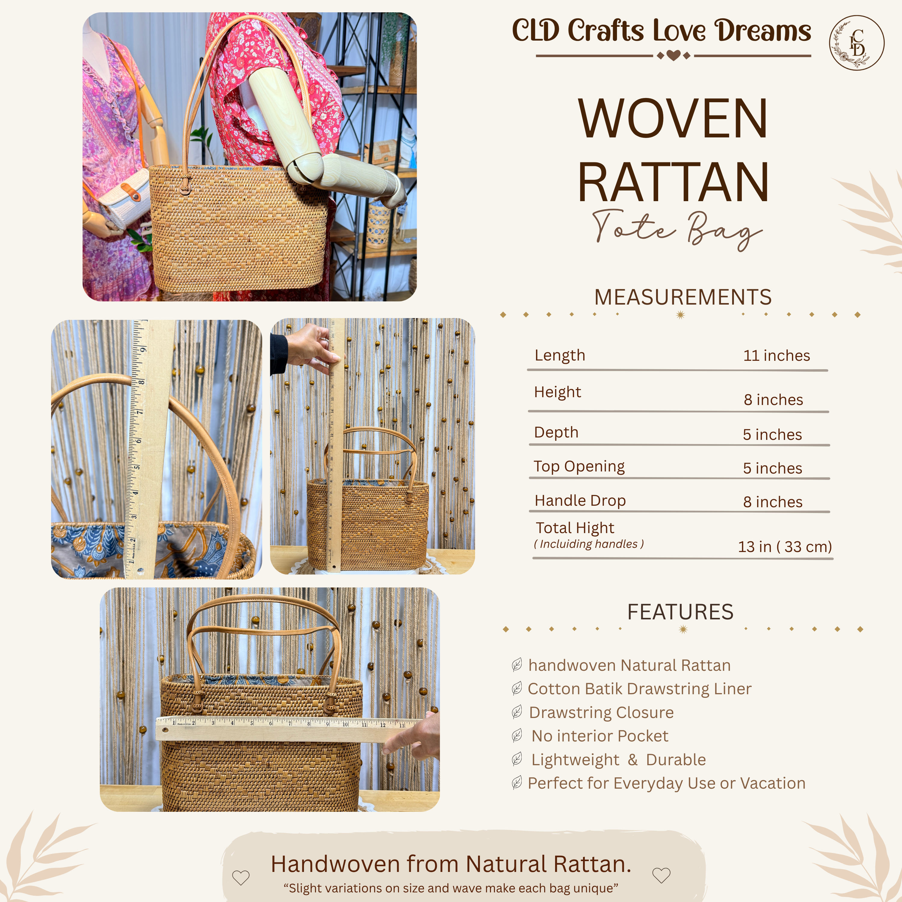 Bohemian Rattan Tote Bag, Handwoven Natural Bali Style (Leather Strap)