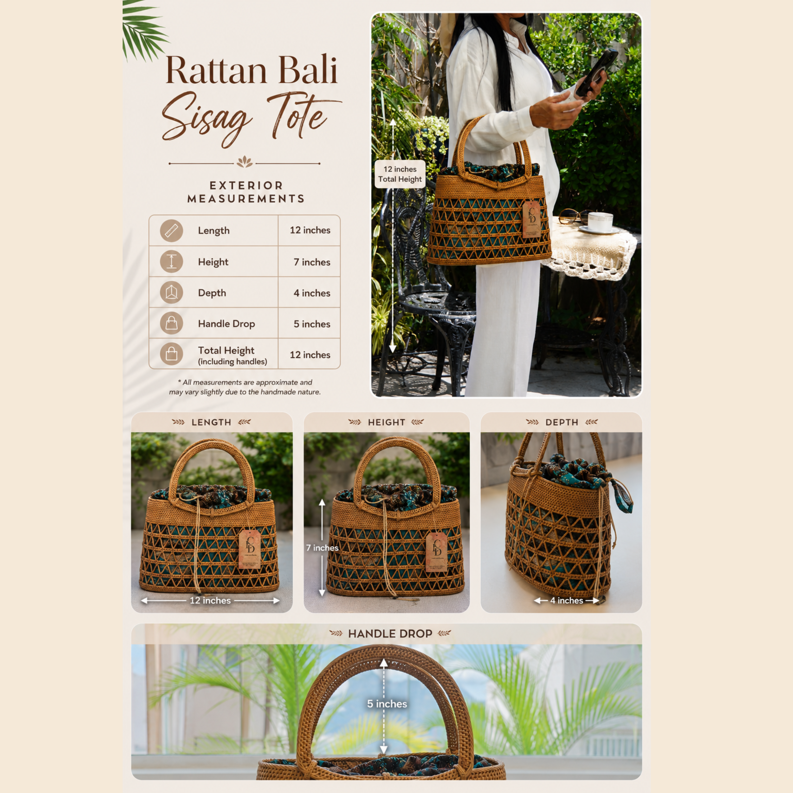 Rattan Tote: Lightweight Bali Sisag Handwoven - Natural Smoke Cured