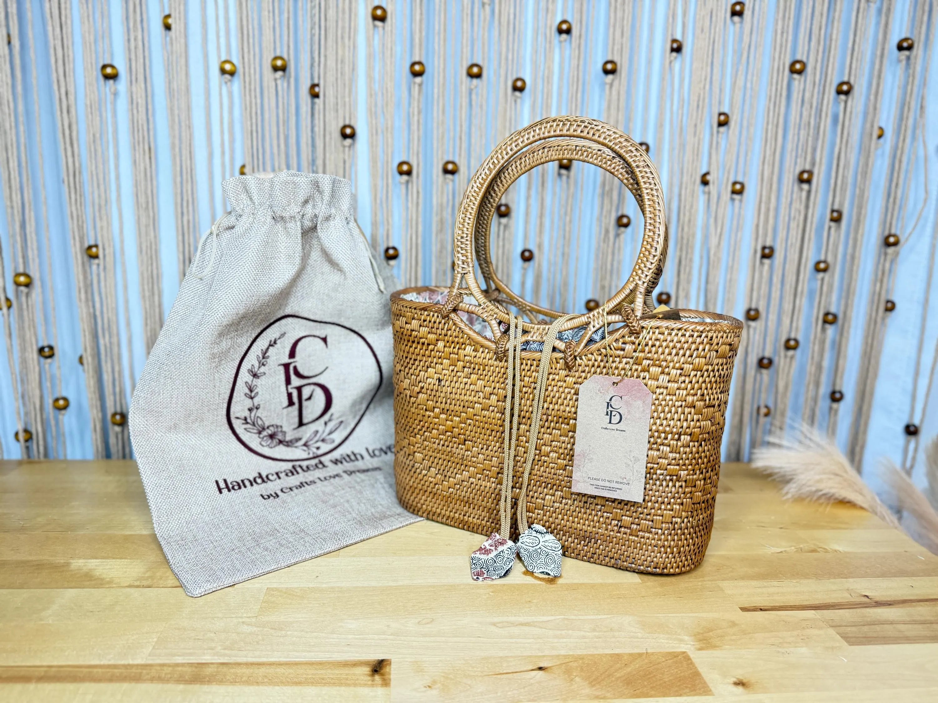 Natural Rattan Tote Bag - Spacious Handwoven Bali Design