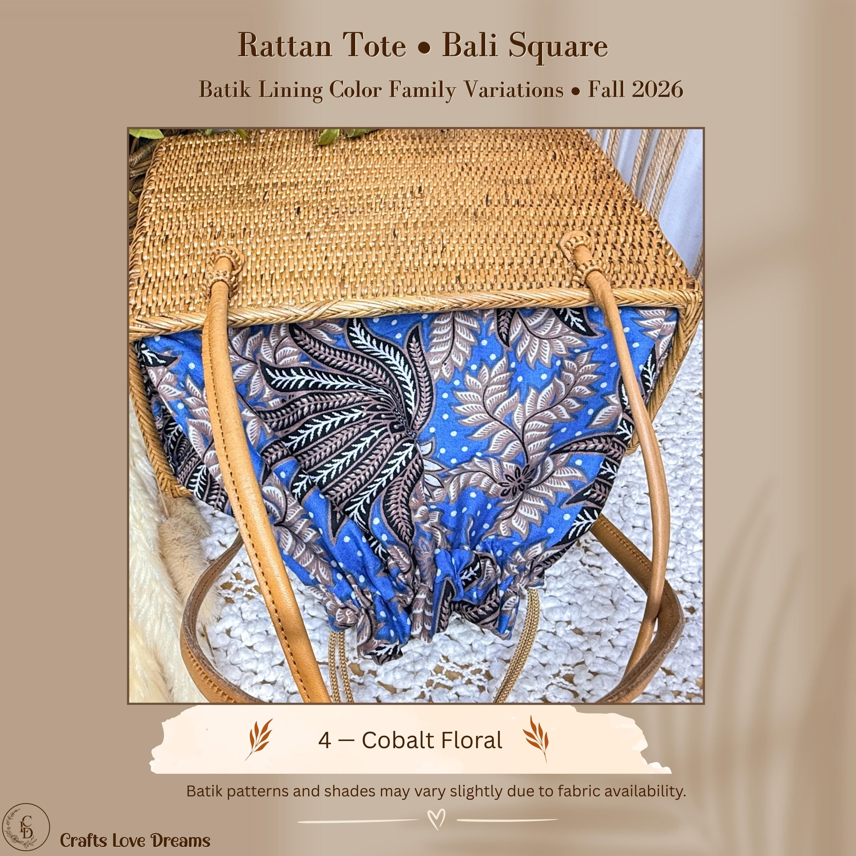 Cobalt Floral batik lining color card for the handwoven rattan square tote from Crafts Love Dreams