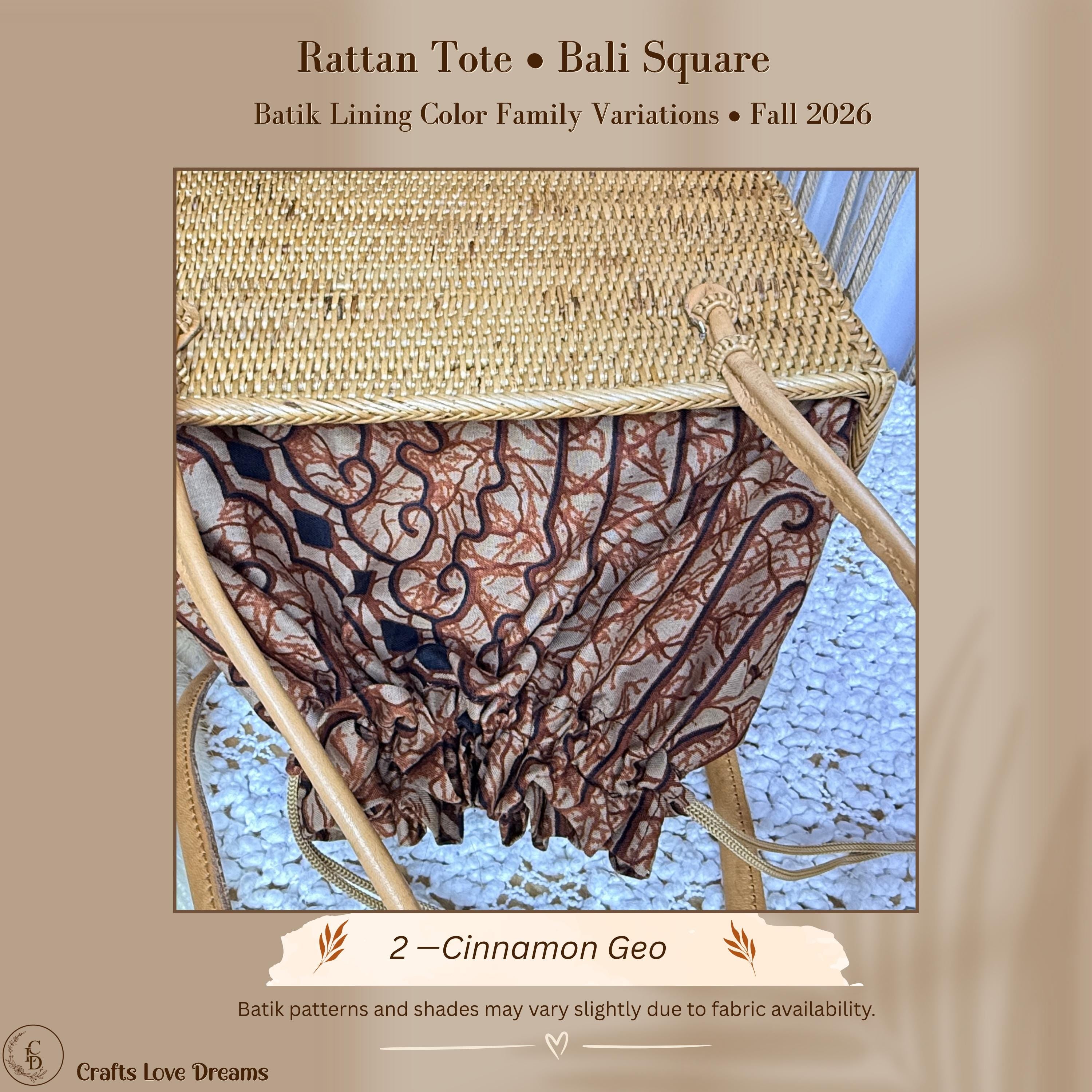 Cinnamon Geo batik lining color card for the handwoven rattan square tote from Crafts Love Dreams