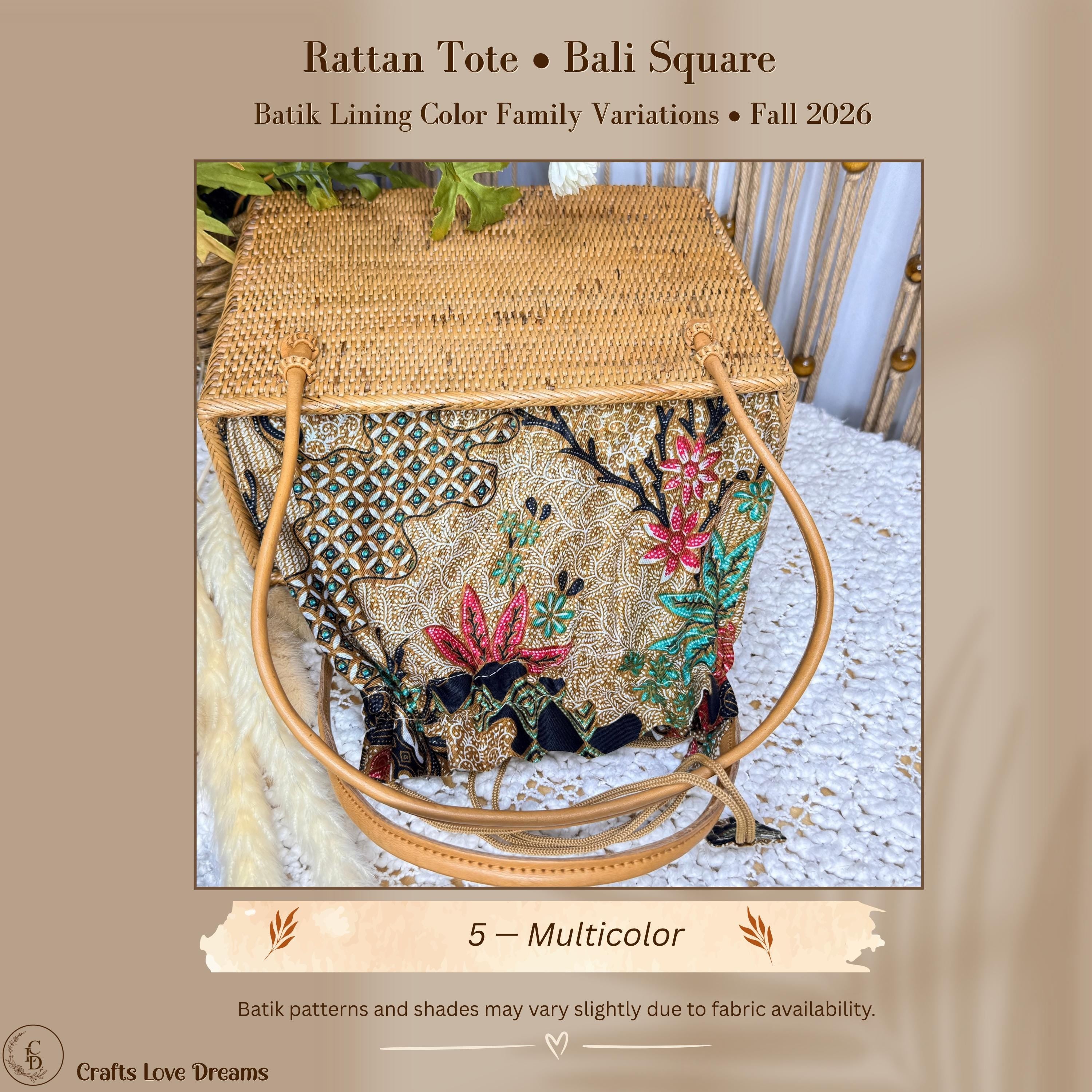 Multicolor batik lining color card for the handwoven rattan square tote from Crafts Love Dreams