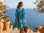 Boho Kaftan Dress: Dark Blue Hand Tie-Dye, Lightweight Rayon - Summer Beach Cover-Up