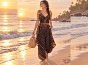 A woman in a black and orange dress walks along a beach at sunset, carrying a woven bag.