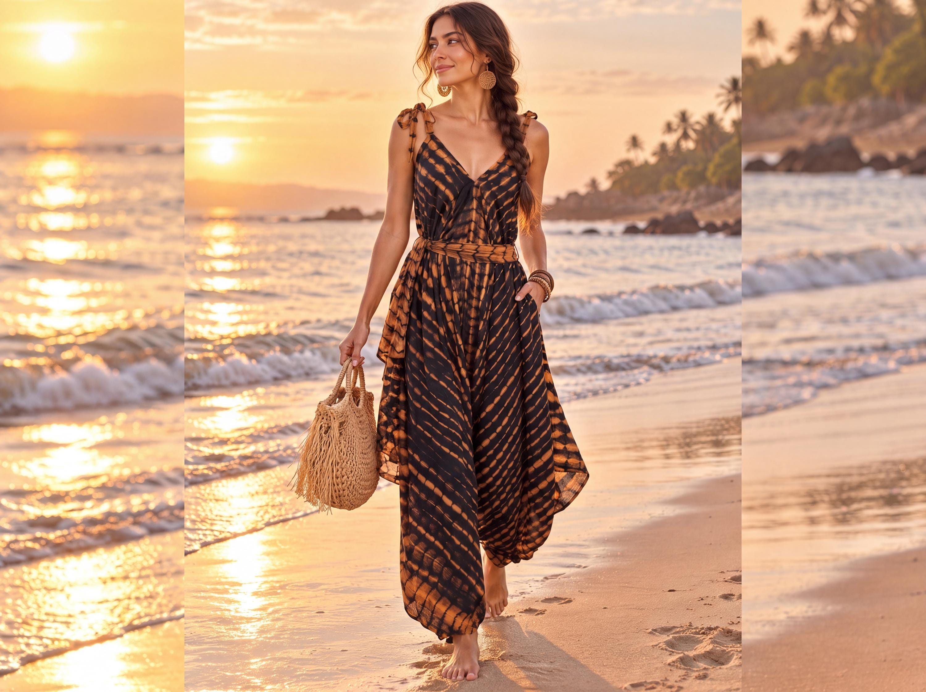 A woman in a black and orange dress walks along a beach at sunset, carrying a woven bag.