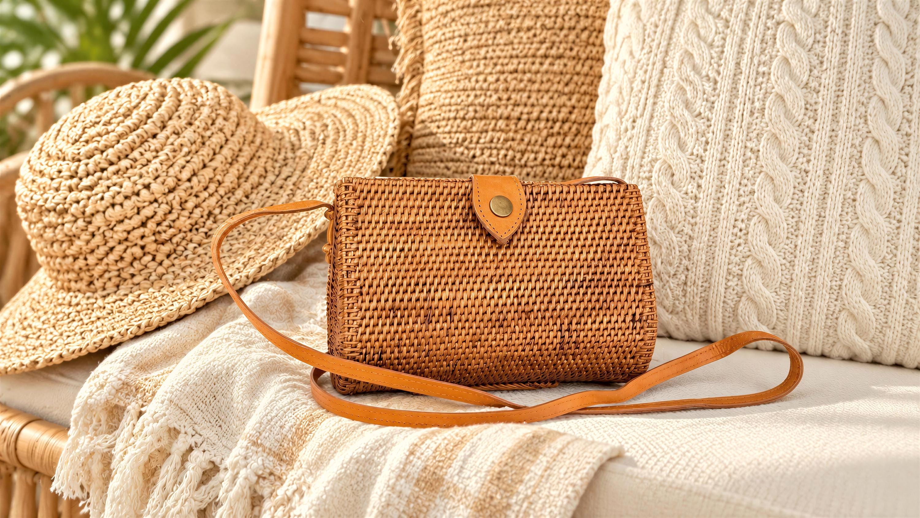 A woven straw hat and a brown woven purse are placed on a white blanket, with a woven basket visible in the background.
