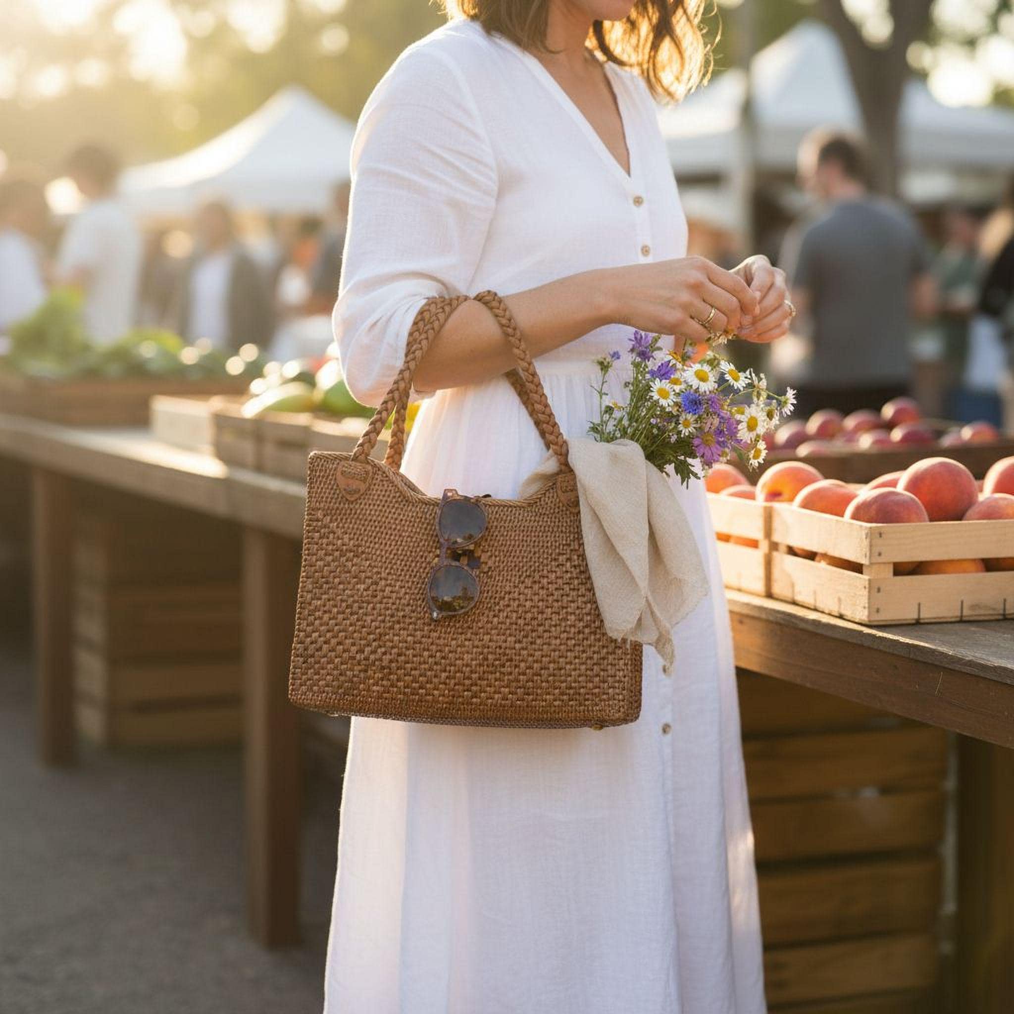 A woman in a white dress stands at a market, holding a woven bag and a bouquet of flowers, with crates of fruit and other people in the background.