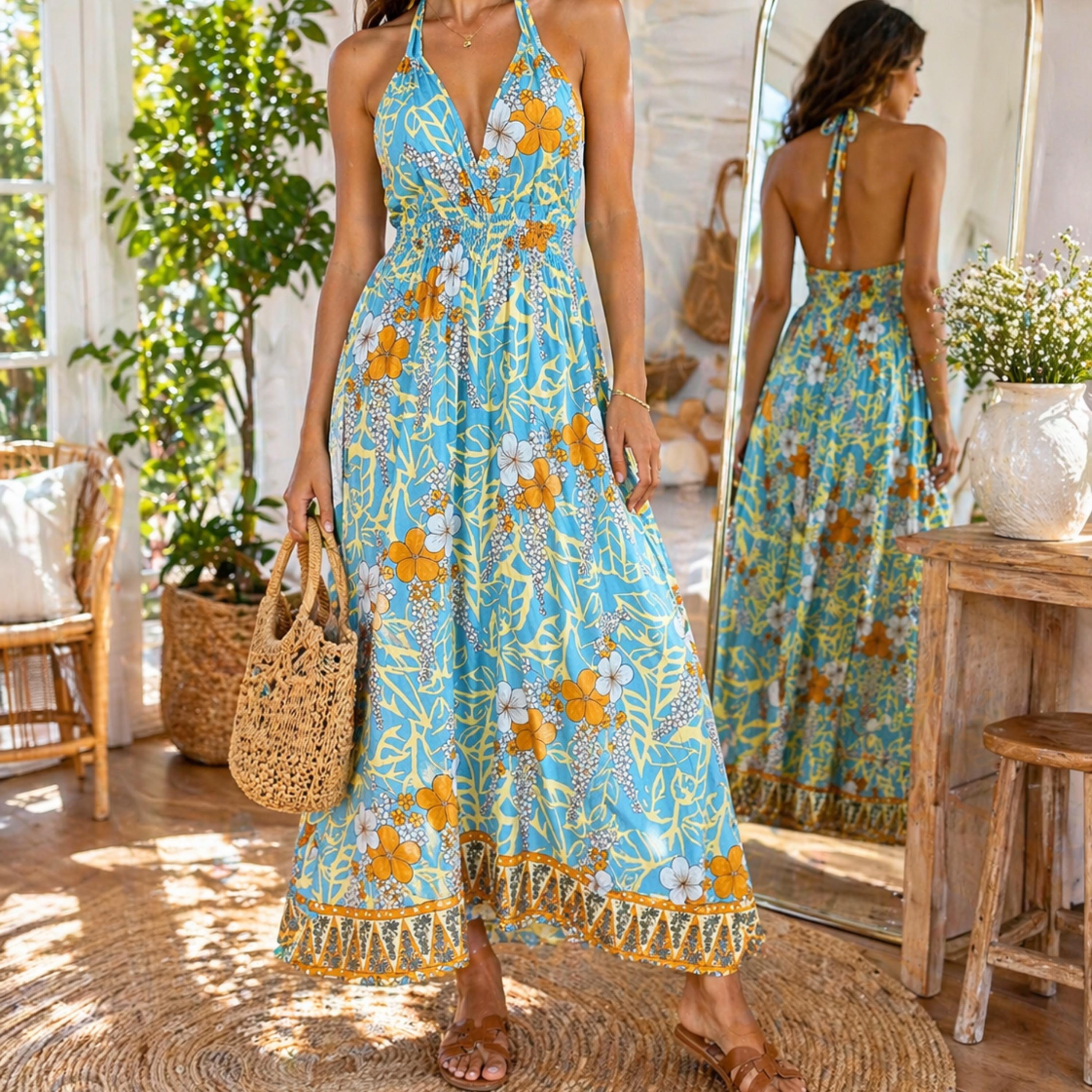 A woman wearing a blue and orange floral print dress stands in a room with a mirror, holding a woven purse.