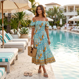 Floral Boho Maxi Dress - Smocked Fit with Off-Shoulder Style