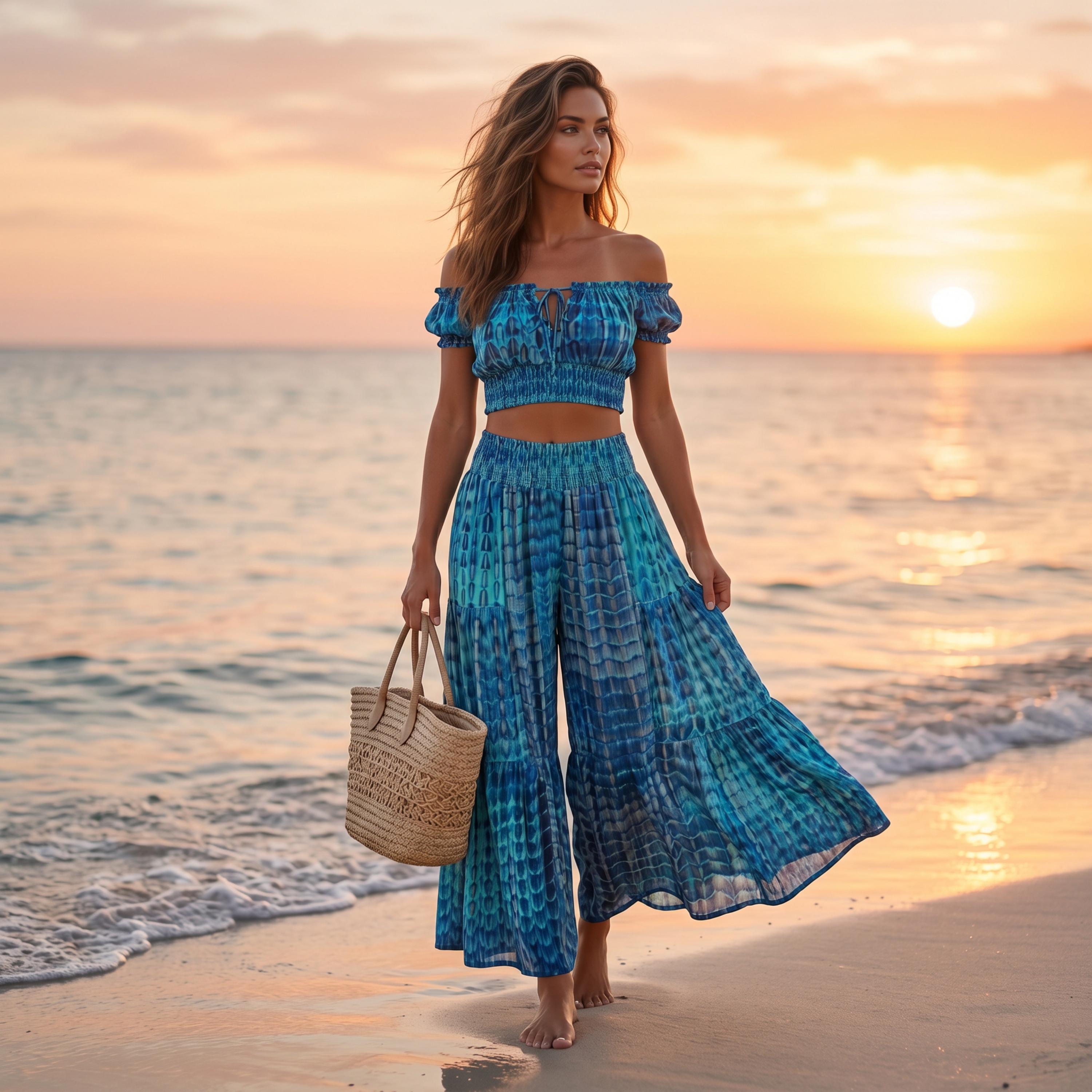 A woman in a blue and white patterned dress stands on a beach, holding a woven basket, with the sun setting in the background.