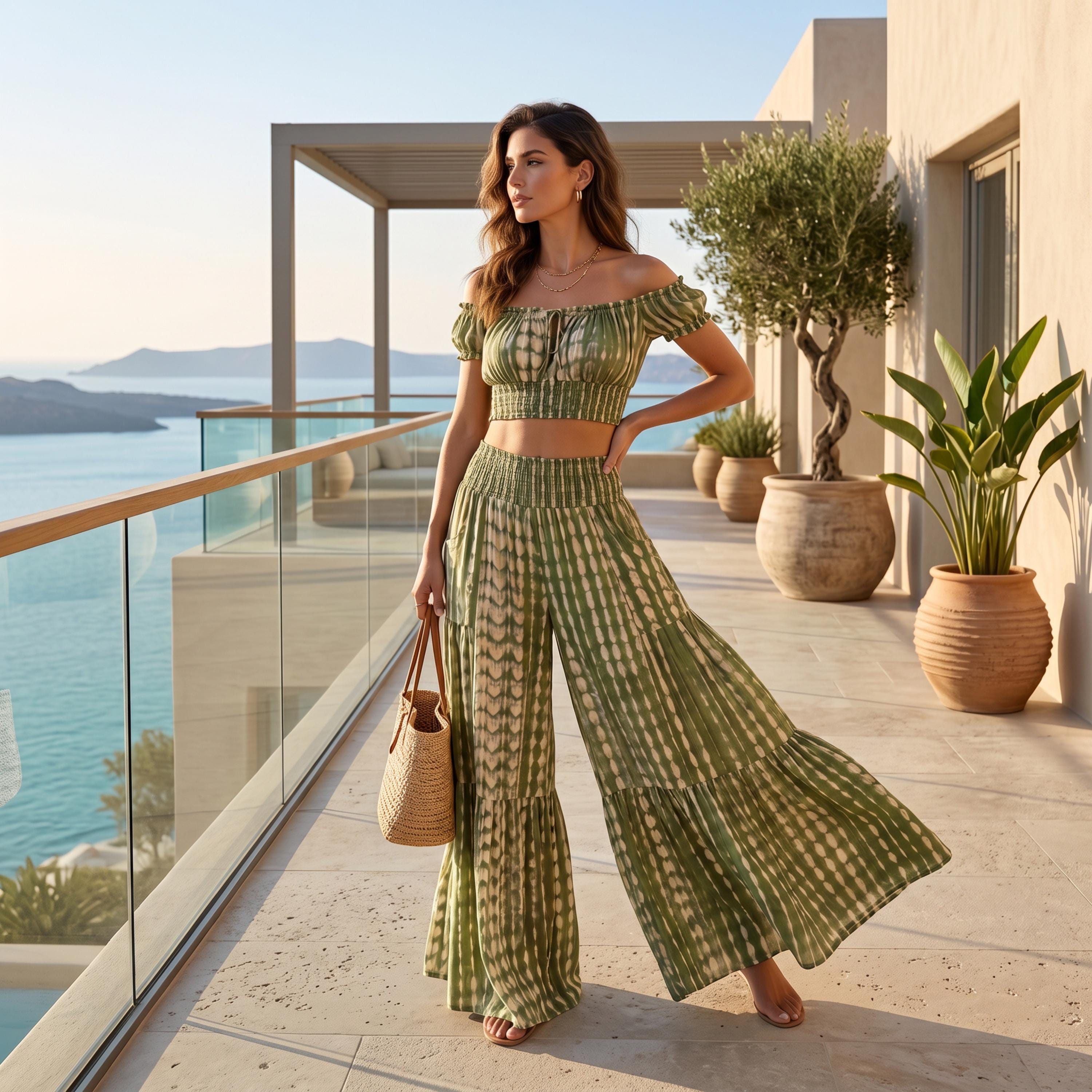 A woman in a green and white patterned dress stands on a balcony overlooking the ocean, holding a woven purse.