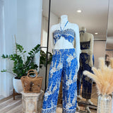 Boho Two-Piece Outfit: Blue Floral Crop Top and  Pants - Summer Wear