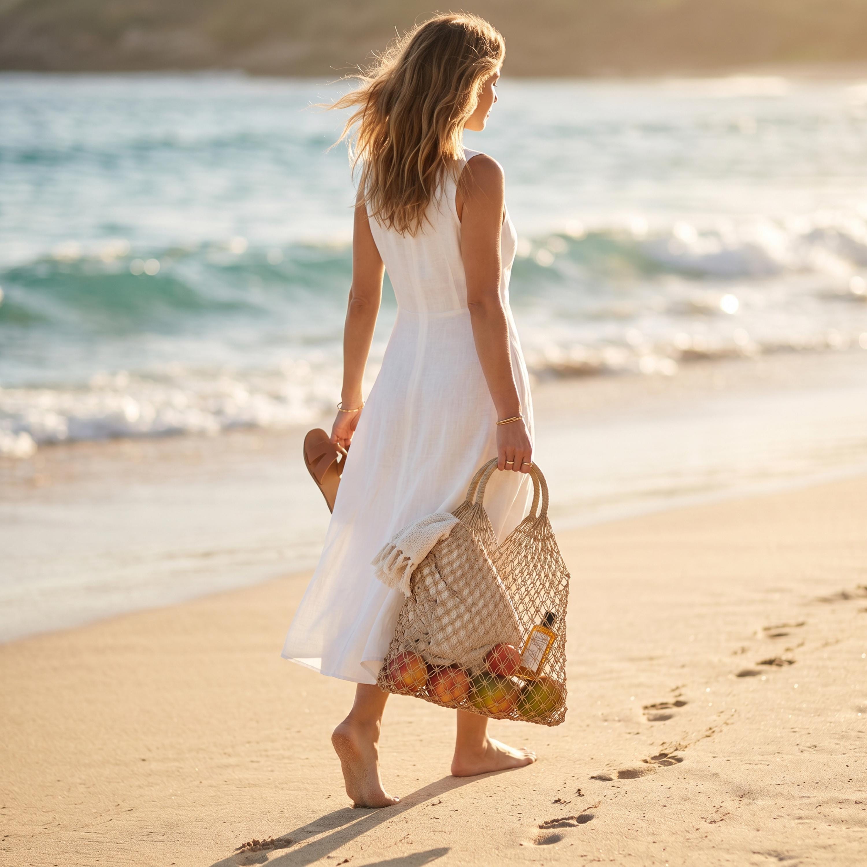 A woman in a white dress walks along a sandy beach, carrying a woven bag filled with various items.