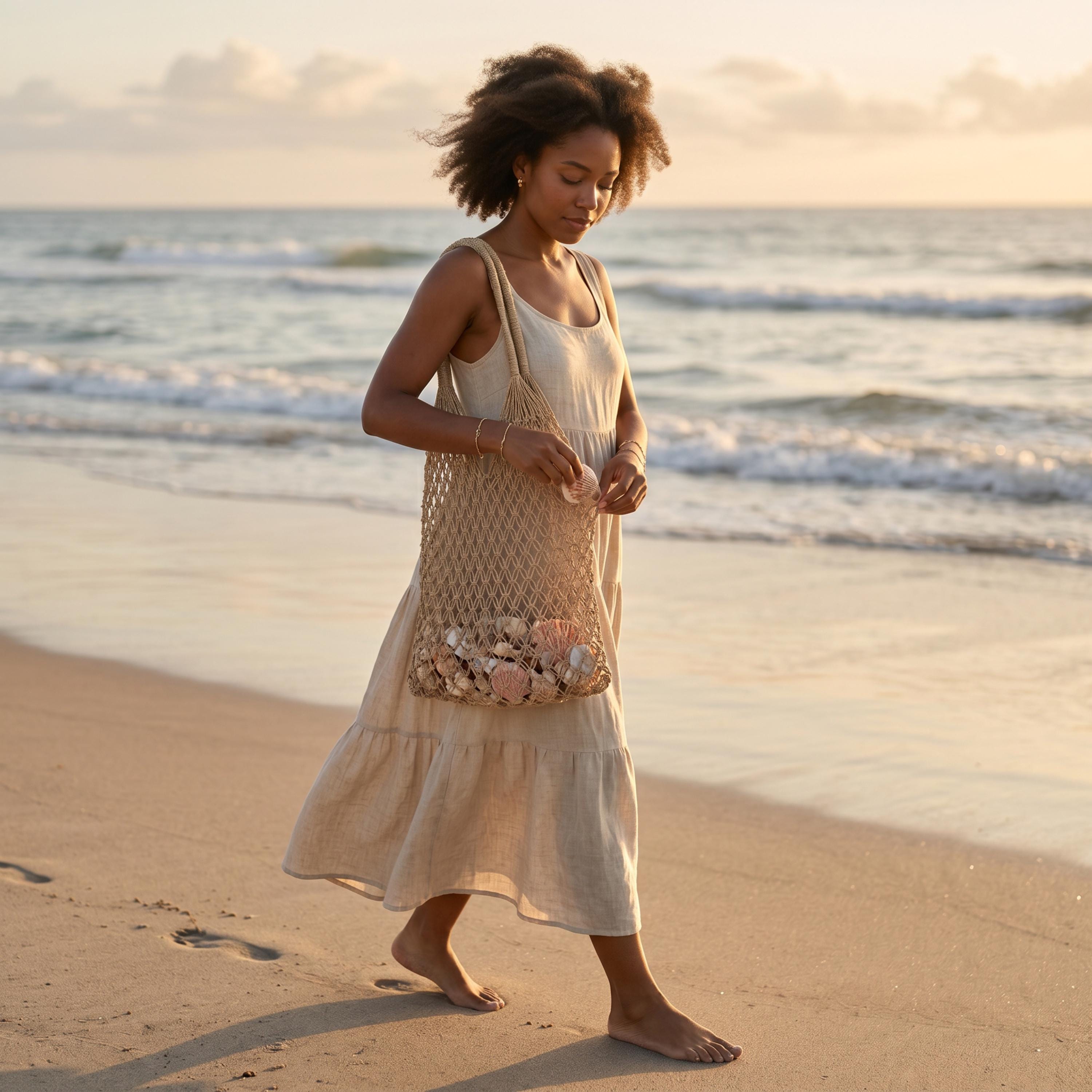 A woman in a beige dress walks along the beach, carrying a woven bag filled with seashells.
