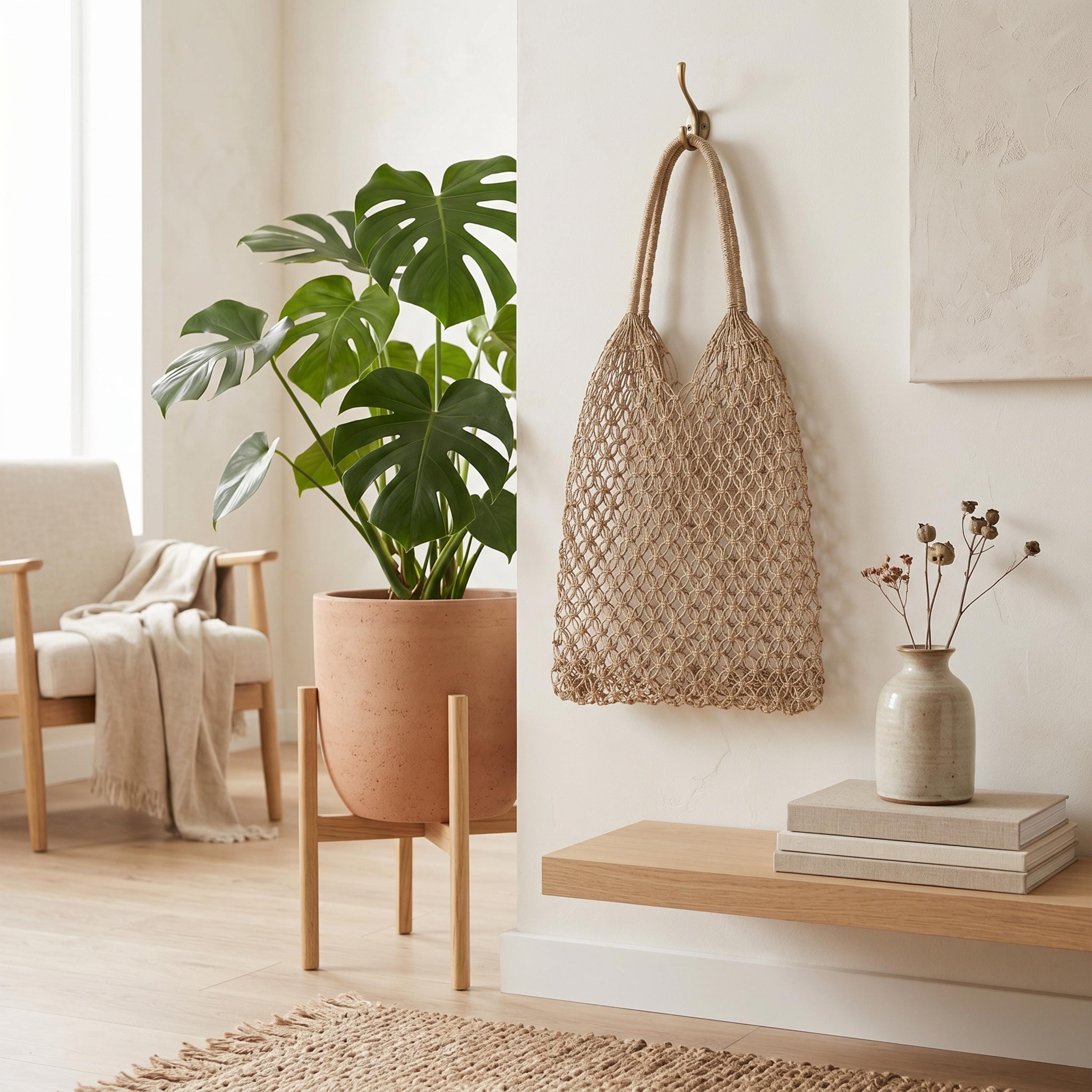 a serene and cozy living space with a large potted monstera plant, a woven bag, a stack of books, and a wooden shelf with a vase of dried flowers.