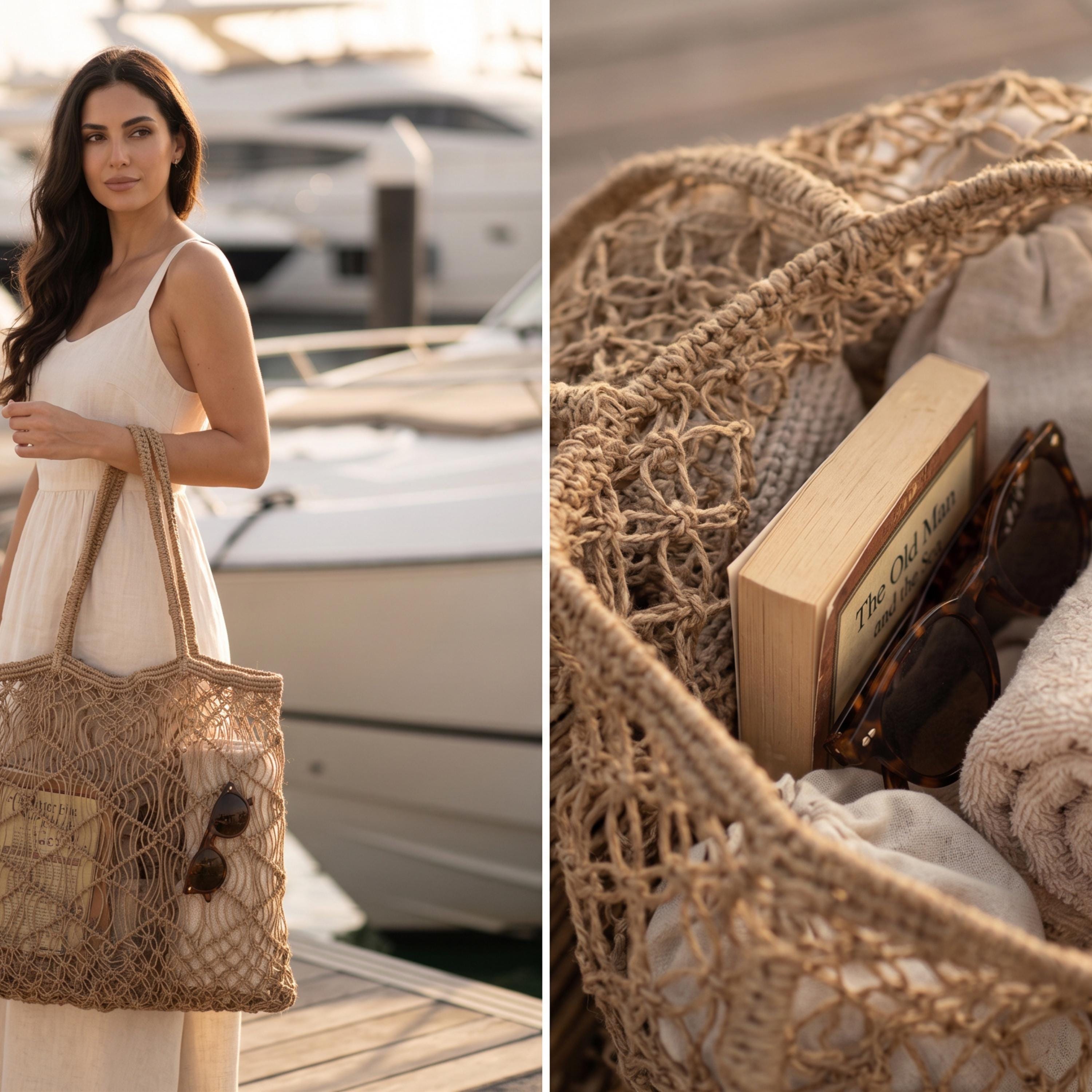 The image is a collage of two photos. In the left photo, a woman is standing near a boat, holding a large woven bag. In the right photo, a woven basket is filled with various items, including a book and sunglasses.