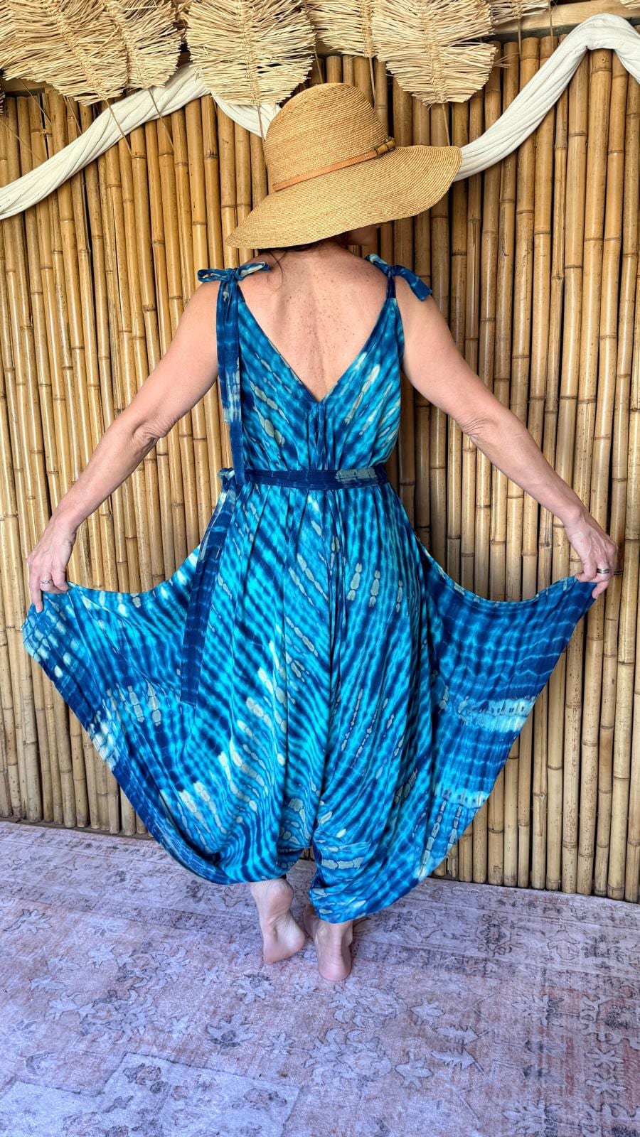 Boho Tie Dye Jumpsuit, Harem Style, Flowy Loose Fit Ocean Blues (One Size)