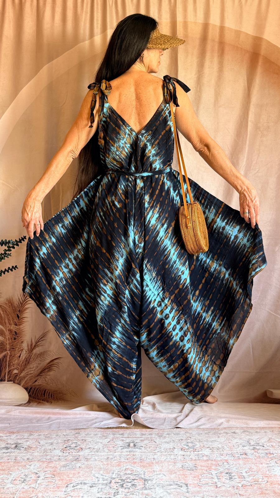 Boho Tie Dye Jumpsuit, Harem Style, Flowy Loose Fit MidnightBlue (One Size)