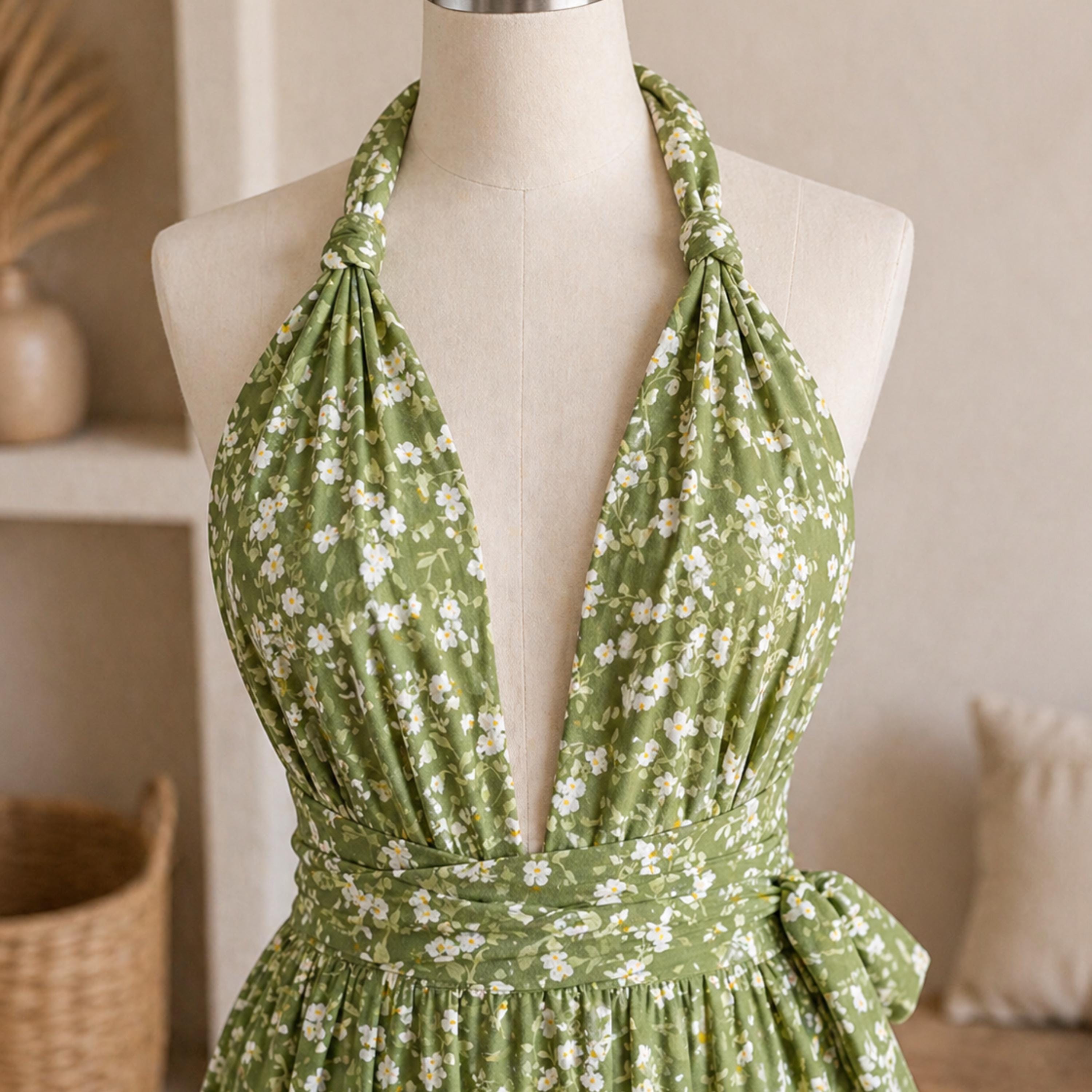 A mannequin wearing a green floral print dress with a halter neckline and a tie at the waist.