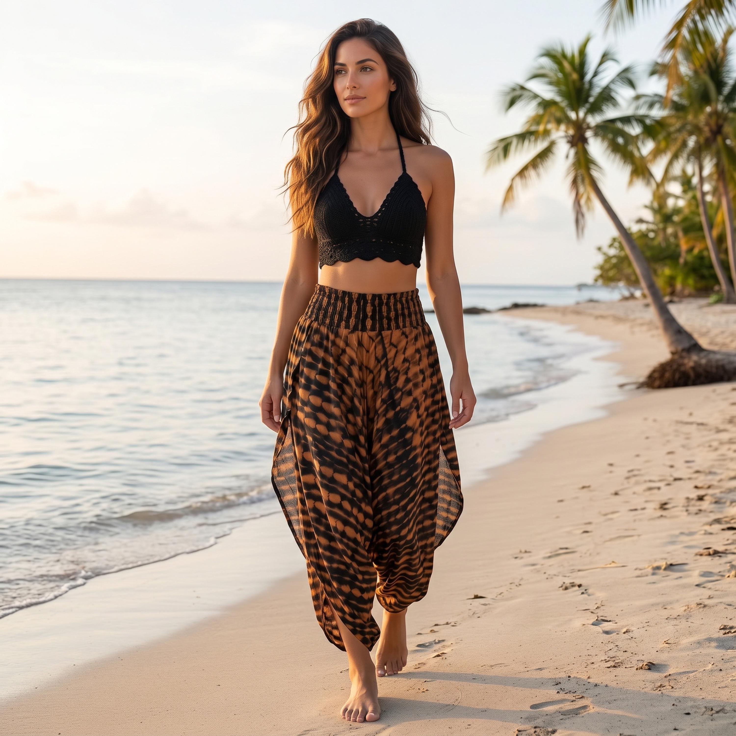 A woman in a black lace top and a patterned skirt walks along a sandy beach, with palm trees and the ocean in the background.