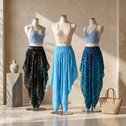 Three mannequins wearing different colored tops and skirts are displayed in a fashion store.