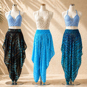 Three mannequins wearing different crochet tops and skirts, displayed against a beige background.