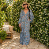 Boho Maxi Dress, Blue Floral Paisley, Long Sleeve (Lightweight Rayon)