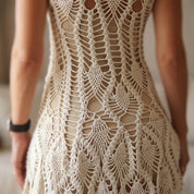 the back of a woman wearing a white, crocheted dress with a detailed, intricate lace pattern.