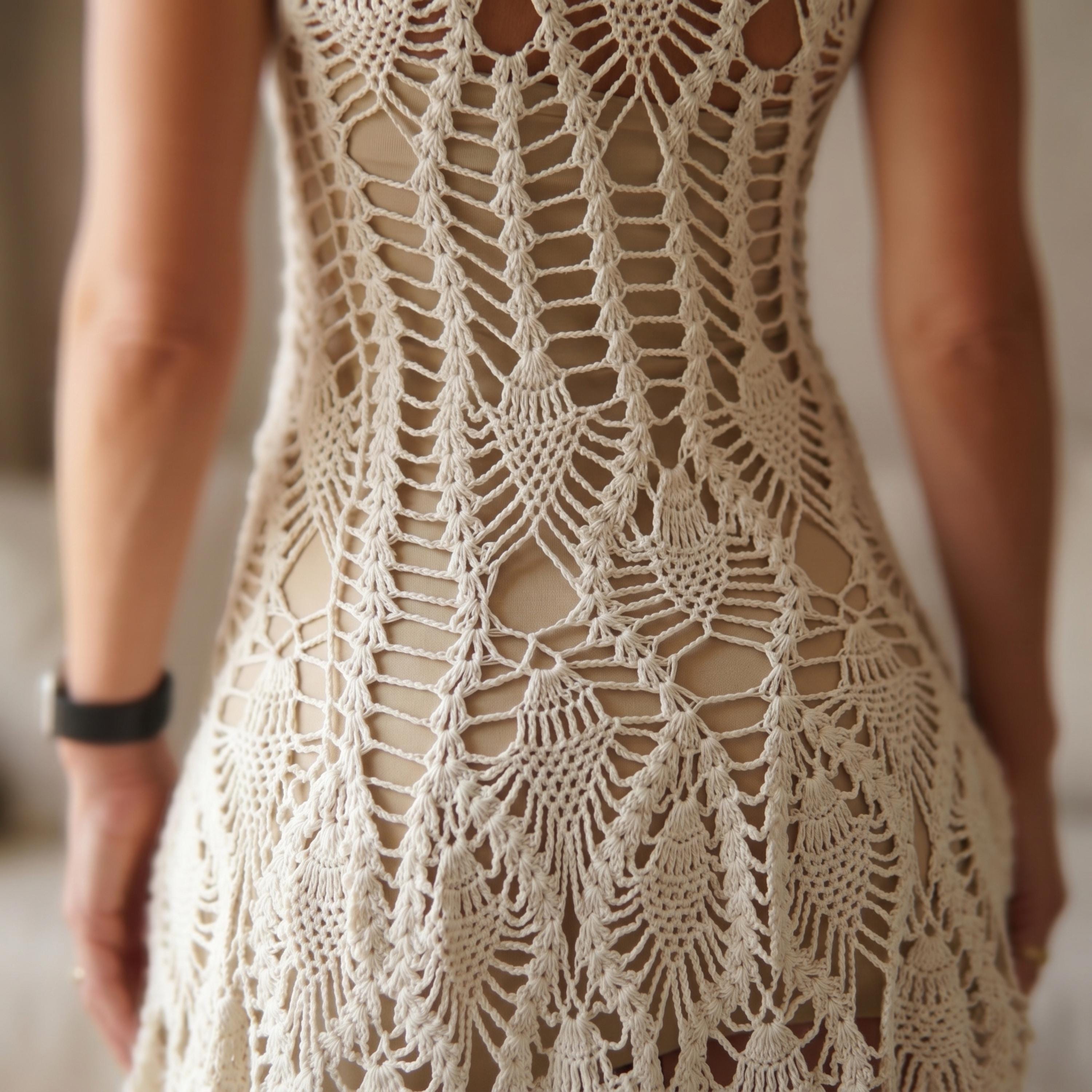 the back of a woman wearing a white, crocheted dress with a detailed, intricate lace pattern.