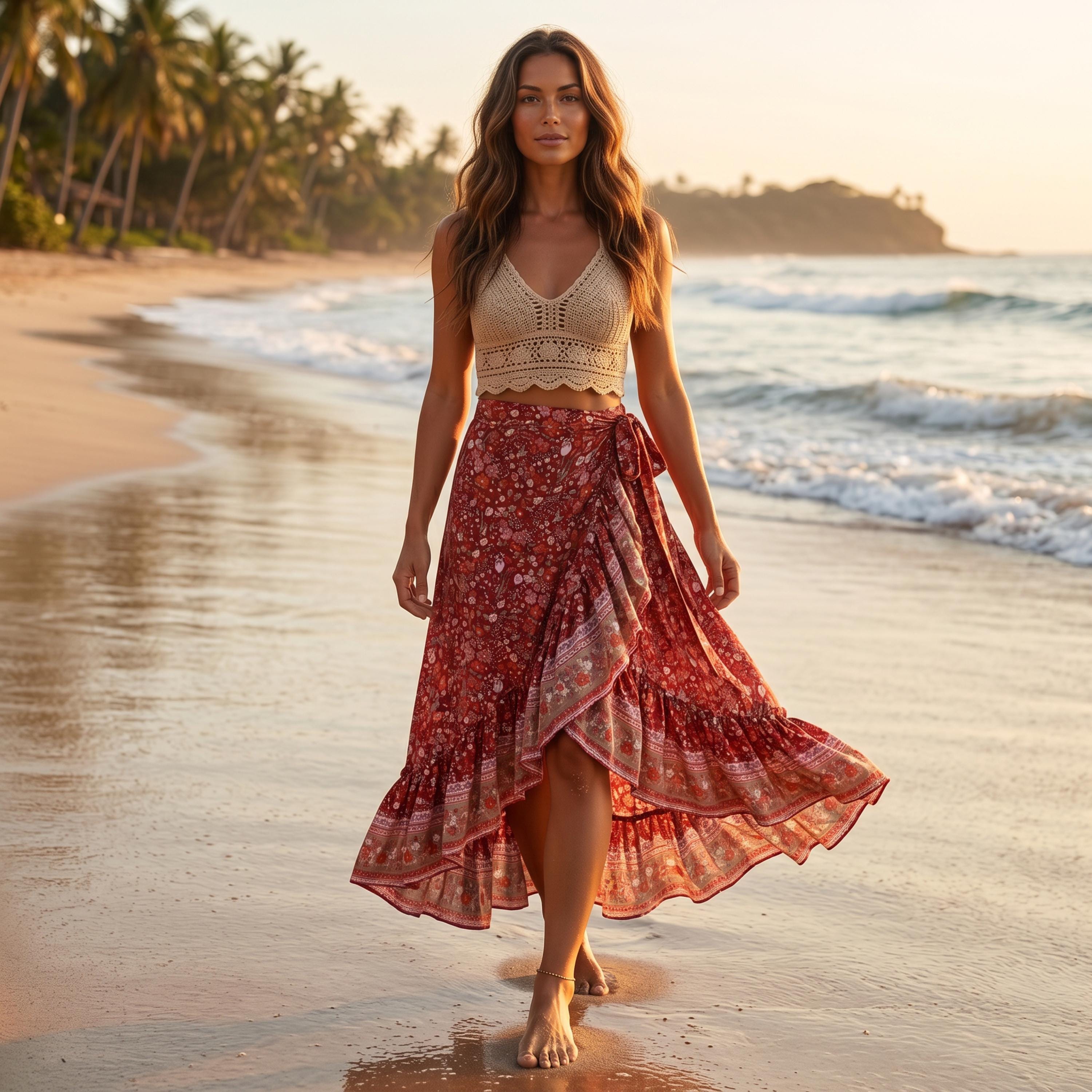A woman in a red and white floral skirt and a beige crop top walks along a beach at sunset, with palm trees and the ocean in the background.