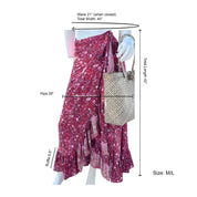 a mannequin wearing a red and pink floral print skirt, with a woven purse being held by the mannequin. The skirt is described as a wrap skirt, and the mannequin is shown from the waist down. The image also includes measurements of the skirt, including waist size and total width.