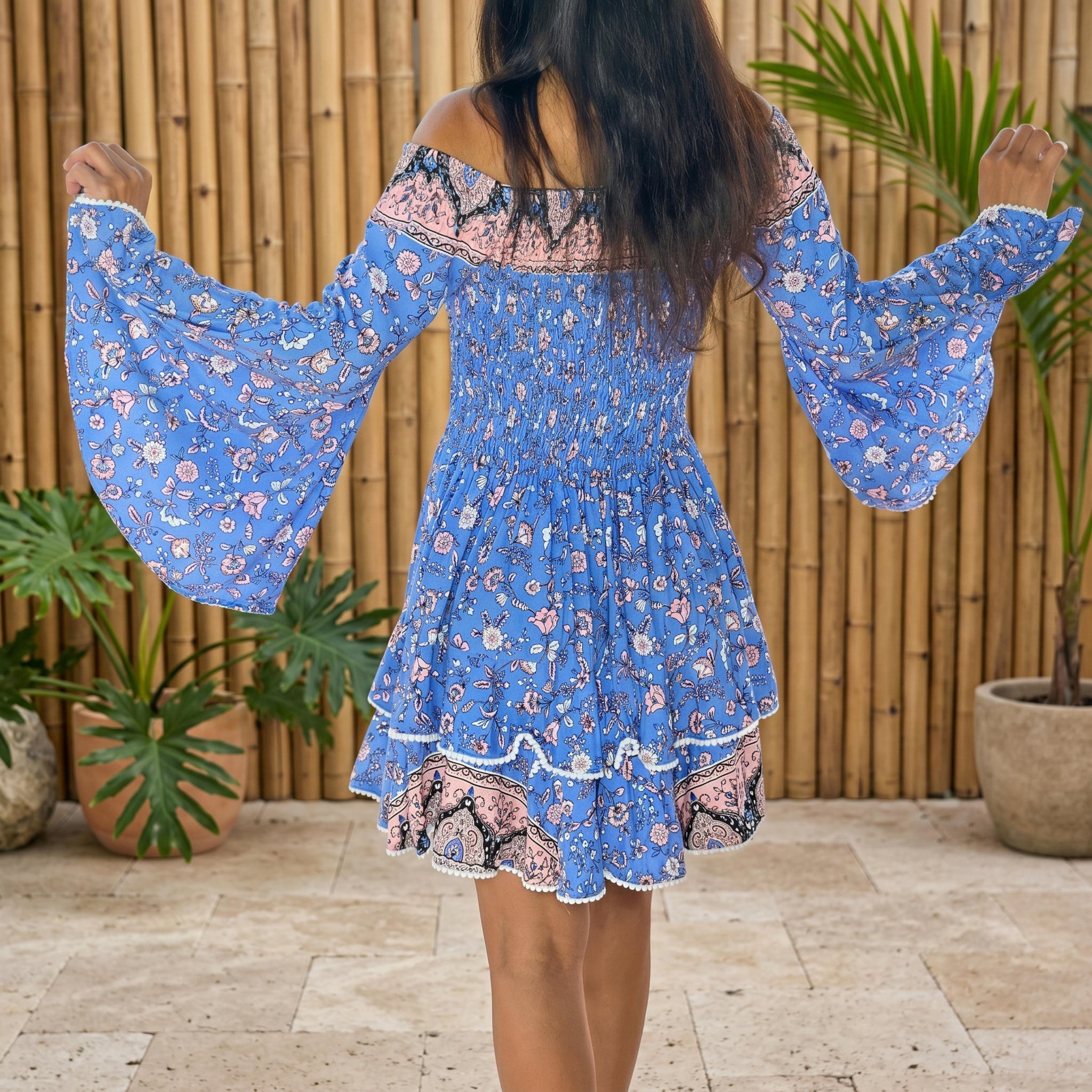 Boho Blue Floral Dress, Off-Shoulder, Bell Sleeves (Tiered Mini Length)