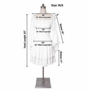 a white dress with measurements and a mannequin head. The dress appears to be a ruffled, off-the-shoulder style with a total length of 33 inches. The dress is shown in various sizes, including a 16-inch, 24-inch, and 20-inch version, as well as a 13-inch, 14-inch, and 23-inch version. The dress is displayed on a mannequin head, which is positioned at the top of the image.