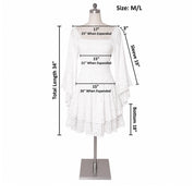 a white lace dress displayed on a mannequin. The dress has a total length of 34 inches, a skirt length of 34 inches, and a total length of 34 inches. The dress is shown in various sizes, including a size M/L, with measurements provided for each size.